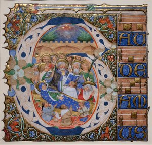 Historická iniciála se Smrtí panny. Mistr Muránského graduálu. Cca 1420 (pergamen)