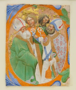 Iluminace rukopisu se čtyřmi svatými v iniciále O, ze sborové knihy, 1440-50.