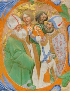Iluminace rukopisu se čtyřmi svatými v iniciále O, ze sborové knihy, italština, 1440-50.