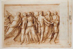 Folio 61, recto: The Return of Meleager from a Roman Sarcophagus, Rome, Palazzo Barberini, c.1512-17 (per and brown inkoust with brown wash) od Master of the Oxford Album