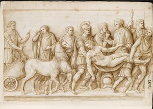 Verso: The Return of Meleager, z římského sarkofágu, Palazzo Barberini, Řím, kolem 1512-17 (pero a hnědý inkoust s hnědým praním) od Master of the Oxford Album