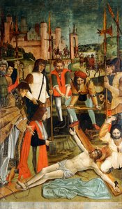 Kristus přibitý na kříž s dárcem s paží v praku v podání kněze od Master of the Pavia Deposition