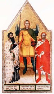 Sv. Michal archanděl se sv. Bartolomějem a sv. Juliánem (tempera na panelu) od Master of the Rinuccini Chapel