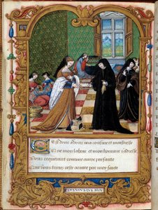 Margarita Angoulema (1492-1549) Navarrská královna představuje svou knihu vévodkyni z Etampes a oblíbenkyni Francoise I. Anne Pisseleu Page převzaté z rukopisu „“ La coche ou Debat d