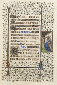 Ms 62 f.132r Personifikace nekromancie bodající do knihy, z „Hours of the Holy Spirit“ od Guillauma de Deguileville 1350, 1417 (inkoust a zlatý list na pergamenu)
