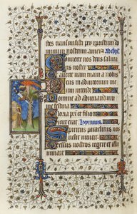 Ms 62 f.132v Okřídlená postava v koruně stromu s knihou probodnutou mečem, z „Hodin Ducha svatého“ od Guillauma de Deguilleville z roku 1350, 1417 (inkoust a list zlata na pergamenu)