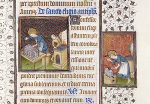 Ms 62 f.215r Svatý Eligius dělá svatyni; svatý Eligius u kovadliny, z knihy hodin