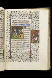 Ms 62 f.215r St. Eligius dělá svatyni; St. Eligius na kovadlině, z knihy hodin, c.1445-50 (vellum)