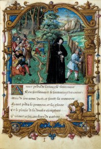 Reprezentace královny Navarry Margarity z Angoulemy (1492-1549), scéna zdvořilé lásky. Stránka převzata z rukopisu „La coche ou Debat d