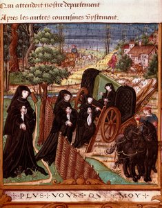 Reprezentace navarrské královny Margarity z Angoulemy (1492-1549) obklopené jejími společnicemi, které jdou na procházku do kočáru““ Stránka převzata z rukopisu „“La coche ou Debat d