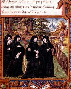Reprezentace navarrské královny Margarity z Angoulemy (1492-1549) při rozhovoru se svými společníky Stránka převzata z rukopisu „“La coche ou Debat d