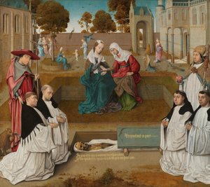 pamětní deska Čtyři kanovníci se svatými Augustinem a Jeronýmem u otevřené hrobky s Navštívením od Master of the Spes Nostra