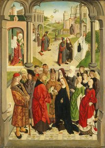 Nizozemština: Mariina svatba. V pozadí (zleva doprava) narození Marie, vyhánění Joachima z chrámu, zvěstování Joachimovi, setkání u Zlaté brány a představení Marie v chrámu The Marriage of th od Master of the Tiburtine Sibyl