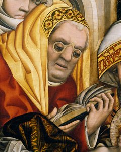 Kněz nosí brýle, detail z Obřízky Krista od Master of the Tucher Altarpiece