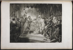 Král Richard II. dějství IV. Scéna I. King Richard, Bolingbroke, York, Aumerle atd. V budově parlamentu, kolem roku 1803 (rytina) od Mather Brown
