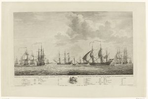 Nizozemská válečná flotila u Rammekens, 1782-1783 Pohled na válečné lodě země pod velením kontradmirála van Kruynea na silnici Rammekens v den Jaare 1782 a 1783 (název na objektu)