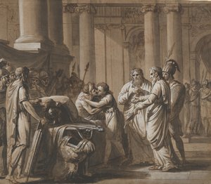 Scéna z římské historie, zobrazující mladíka, který dostává brnění od umírajícího..., konec 18.-polovina 19. stol. od Mathieu Van Brée