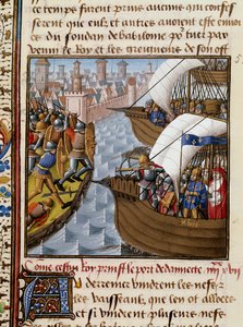 Sedmá křížová výprava: Král Saint Louis (1214-1270) a přechody obléhající Damiettu v červnu 1249 v Dolním Egyptě. Miniatura převzatá z rukopisu „Speculum historiale“ (Le Mirror historial) od Vincenta de Beauvais (1184/94-1264) osvícená Mistrem od Maître François