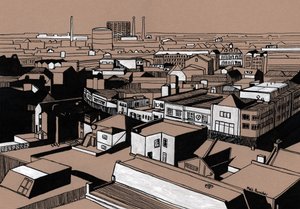 Pohled na Croydon, 2016 (akrylová tuš na desce)