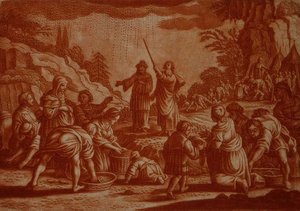 Izraelité shromažďují mannu, ilustrace z Bible, vyryl Gabriel Bodeneer (1673-1766) (sépiová rytina) od Mattaus II (after) Merian