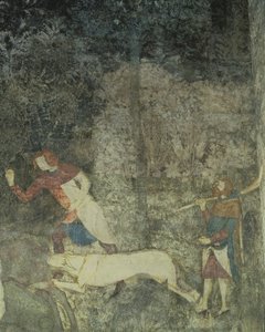 Muži loví se psy, detail dekorativního schématu z fresky La Chambre du Cerf Stag Room 1347