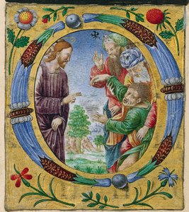 Vystřižení z misálu: Iniciála O s Kristem vykonávajícím exorcismus, c. 1520.
