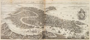 Panorama Benátek. Z Newe Archontologia cosmica od Johanna Ludwiga Gottfrieda, 1646.