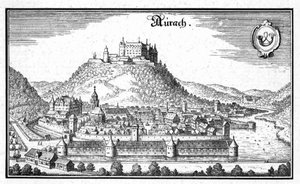 Aurach - výňatek z Topographia Sueviae (Schwaben) od Matthaus Merian