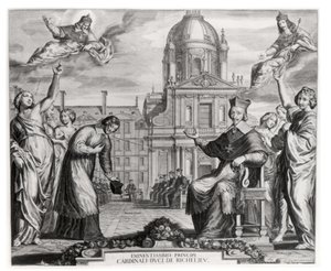 Robert de Sorbon (1201-94) a kardinál Richelieu (1575-1642) před Sorbonnou, vyryl Gregoire Huret (1606-70) 1639