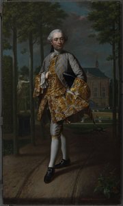 Portrét Gerarda Cornelise van Riebeecka Gerard Cornelis van Riebeeck (1722-1759), sekretář Delftu, pravděpodobně stojící před svým venkovským domem Essensteyn ve Voorburgu