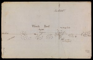 Hrubě načrtnutá mapa "Wreck Reef" z roku 1803 ze sbírky technických memorand a korespondence Admirality.