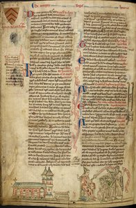 Royal 14C VII, f.138v Westminster Abbey and the Shrine of St. Edward; vpravo papež Innocent IV. na koncilu v Lyonu, ilustrace z „Historia Anglorum“ od Matthew Paris