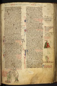 Royal 14 C. VII f.122r Roger Nigel, biskup Londýna, světící Edmunda z Abingtonu arcibiskupem v Canterbury; od Matthew Paris