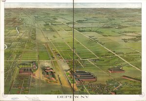 Pohled z ptačí perspektivy. Orientováno na sever vpravo. LC Panoramic maps (2nd ed.), 555.1 Dostupné také prostřednictvím webové stránky Library of Congress jako rastrový obrázek. LC kopie anotovaná inkoustem. Vyraženo na: Compliments Depew Improvement Co. od Matthews Northrup Company