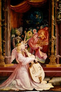 Oltářní obraz Issenheim (nebo Isenheim): “” La Nativite”” Detail koncertu hudebníků Angels. Anděl uprostřed hraje na gamba violu. Panely Mathis Neithardt Gothardt dit Matthias Grunewald (1480-1528) (ec.all.) 1512-1516 Dim. 265x304 cm Col