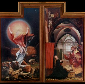 Oltářní obraz z Issenheimu (nebo Isenheimu): “” Vzkříšení”” “” Zvěstování”” Panely od Mathise Neithardta Gothardta dit Matthias Grunewald (1480-1528) (ec.all.) 1512-1516 Colmar, Musee Unterlinden