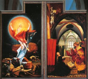 Zvěstování a vzkříšení Krista, detail z Isenheimského oltáře, kolem 1512-16 (olej na panelu)