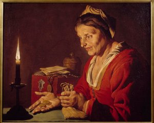 Lakomost - Stará žena se ve světle svíčky dívá na své zlaté mince, které právě vylezla ze svého úkrytu - Obraz Mathiase Stomera (Matthias Stom) (1600-1650) Ec Flam