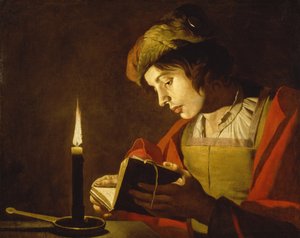 A Young Man Reading by Candlelight - A Young Man Reading by Candlelight, Matthias Stom (Stomer) (ca.1600-po 1650). Olej na plátně, kolem 1630. Rozměr: 58,5 x 73,5 cm. Národní muzeum Stockholm
