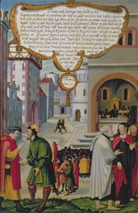 „Říše nebes lze přirovnat ke králi, který se rozhodl vyrovnat účty se svými služebníky“ (Matouš 18, Lukáš 17), ilustrace ke Kristovu učení, část křídla z Mompelgarter