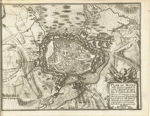 Beleg van Bergen, 1709 Mapa Mons Ville Forte (...) Obležená jednotkami Alliez. pod velením prince z Orange (...) (titul na předmětu)