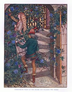 Ermentrude vyšel po schodech a utrhl růže, ilustrace z Lady And Fairy Tales, 1914