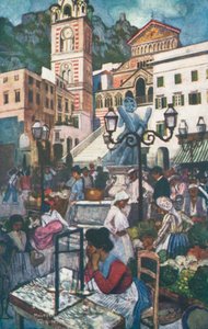 Amalfi, Piazza a Duomo (barevná litografie)