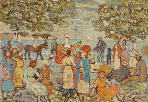 Plážová scéna s osly (nebo mezky) od Maurice Brazil Prendergast