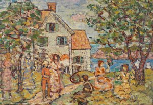 Pláž a dva domy od Maurice Brazil Prendergast