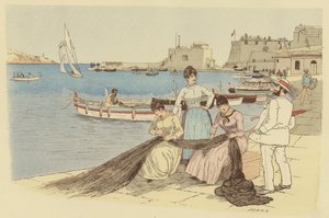 Muž chatující se skupinou žen, které opravují rybářské sítě ve městě Villefranche, Francie (barva litho) od Maurice Charles Mathieu Bonvoisin