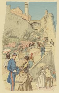 Lidí, kteří jdou po Velkém schodišti v královském paláci v Monaku. (barva lito) od Maurice Charles Mathieu Bonvoisin