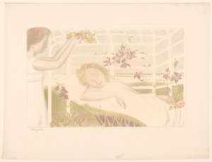 Spící dívka dostane květinový věnec Alegorie (název na předmětu) Reprezentace lásky (název seriálu) Amour (název série) od Maurice Denis