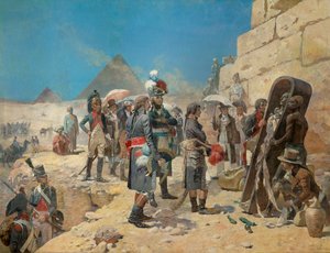Napoleon Bonaparte před pyramidami uvažuje o mumii krále na egyptském venkově