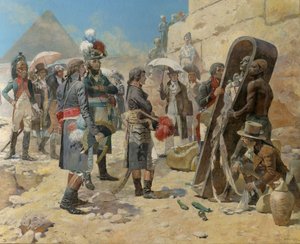 Napoleon Bonaparte před pyramidami uvažuje o mumii krále na egyptském venkově